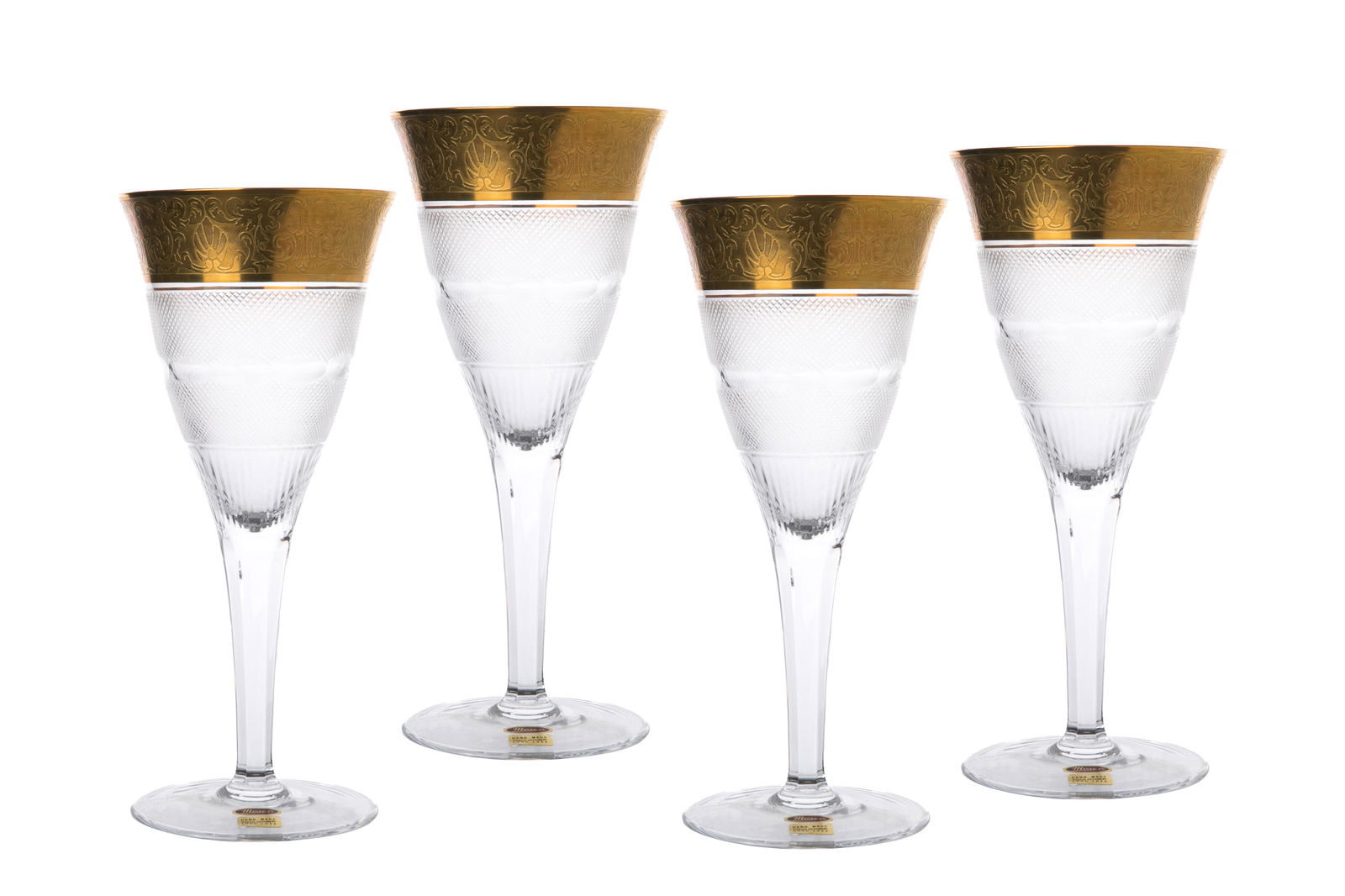 FOUR MOSER GLASS SPLENDID WINE STEMS: Four wine goblets with typical Lady Hamilton pattern gilt rims, Moser watermark to base and original labels. 20th C.H. 23.5cm (9 1/4in)