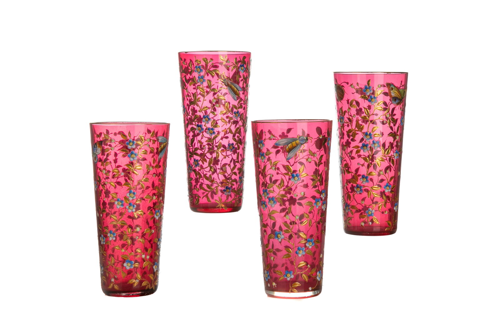 FOUR MOSER PINK ENAMELED GLASS TUMBLERS (1 of 2)