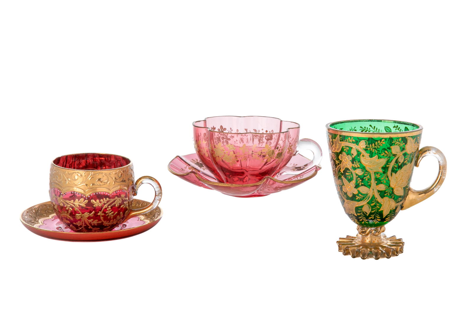 THREE 19th C MOSER GLASS CUPS & SAUCERS (1 of 5)