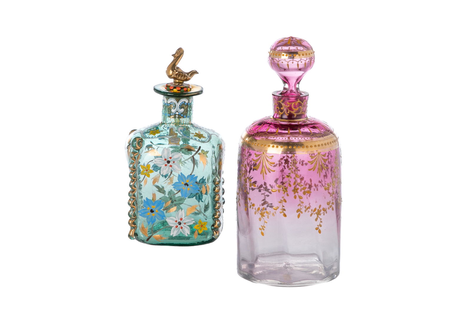 TWO CONTINENTAL ENAMELED GLASS DECANTERS (1 of 4)