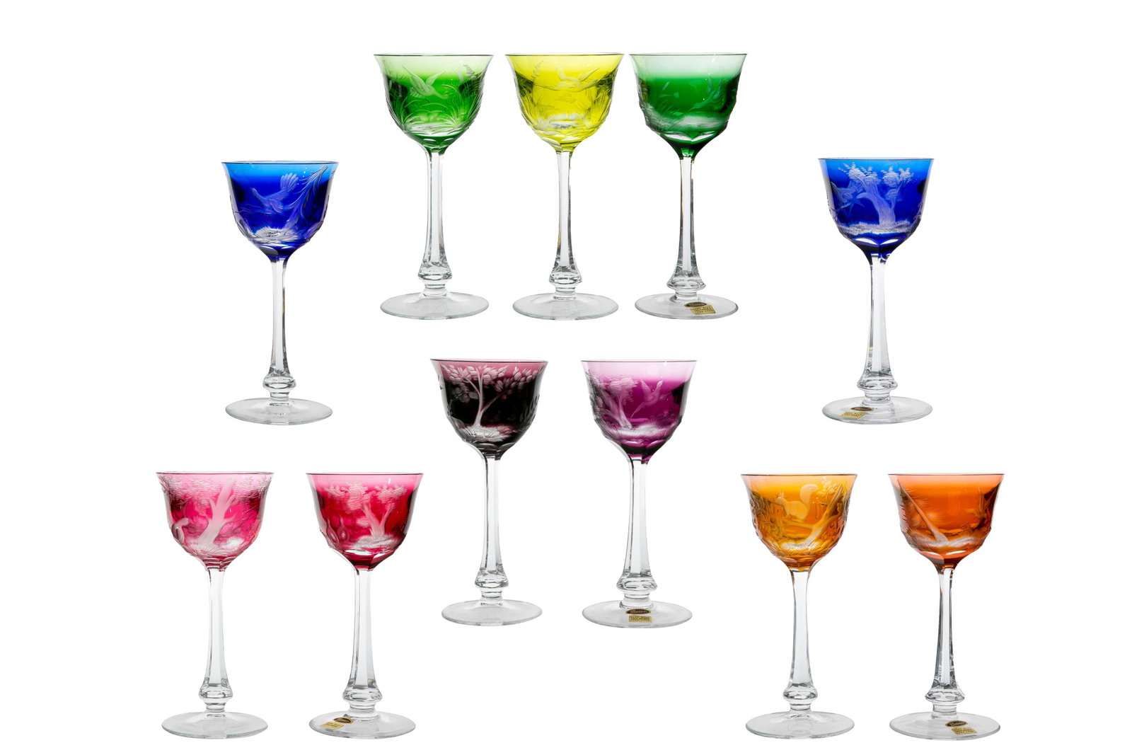 ELEVEN MOSER ETCHED GLASS WINE GOBLETS: Etched in the Birds of the Wild pattern, in various Harlequin colour ways, Moser signature to base and some with original labels. 20th C.H. 18.1cm (7 1/8 in.)