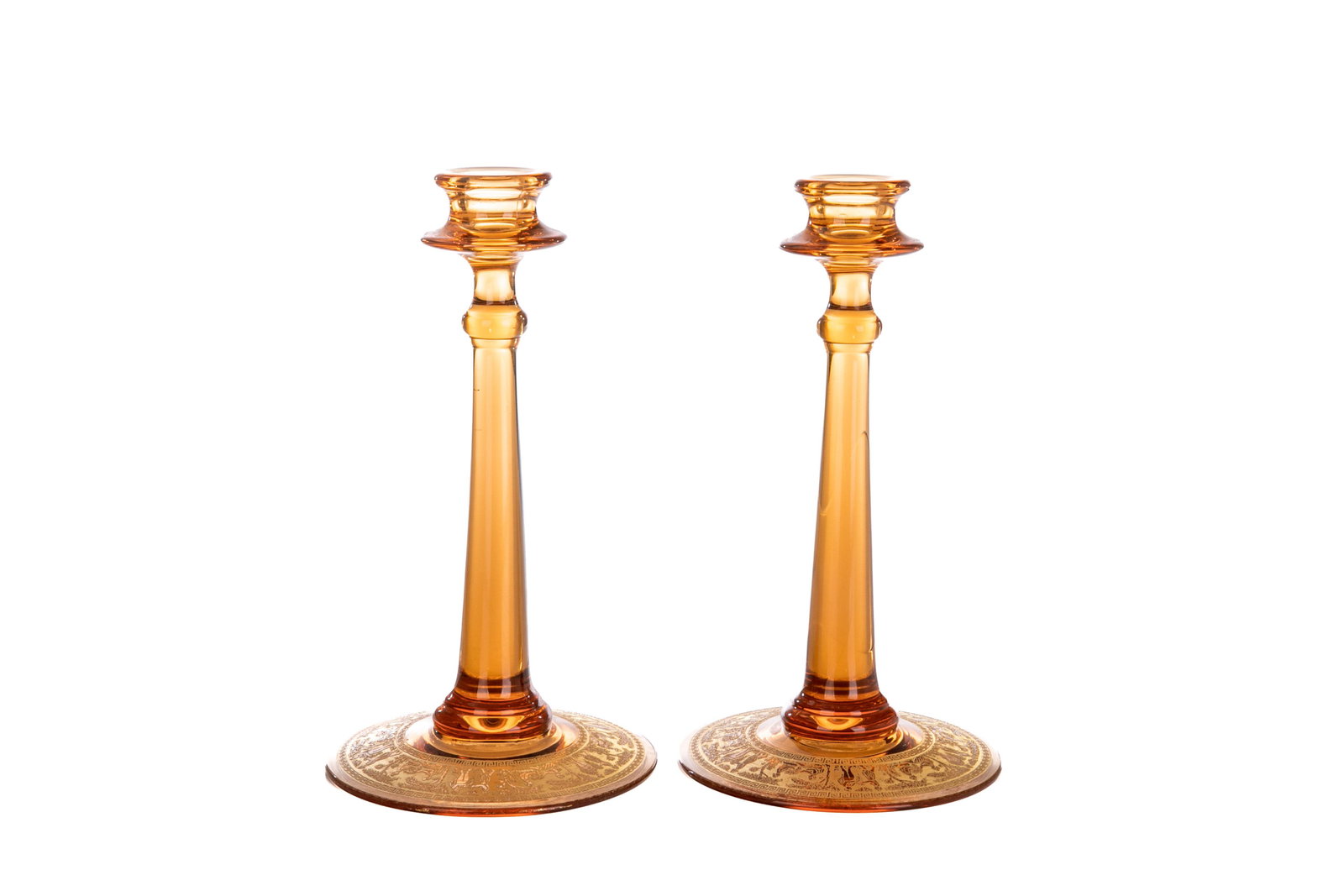 PAIR OF MOSER AMBER GLASS CANDLESTICKS (1 of 4)