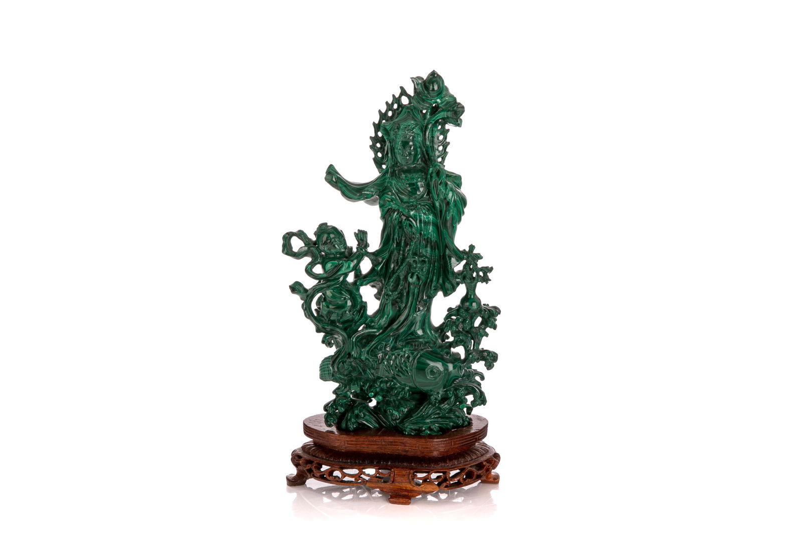 A CHINESE MALACHITE CARVED GUANYIN WITH ATTENDANT (1 of 6)
