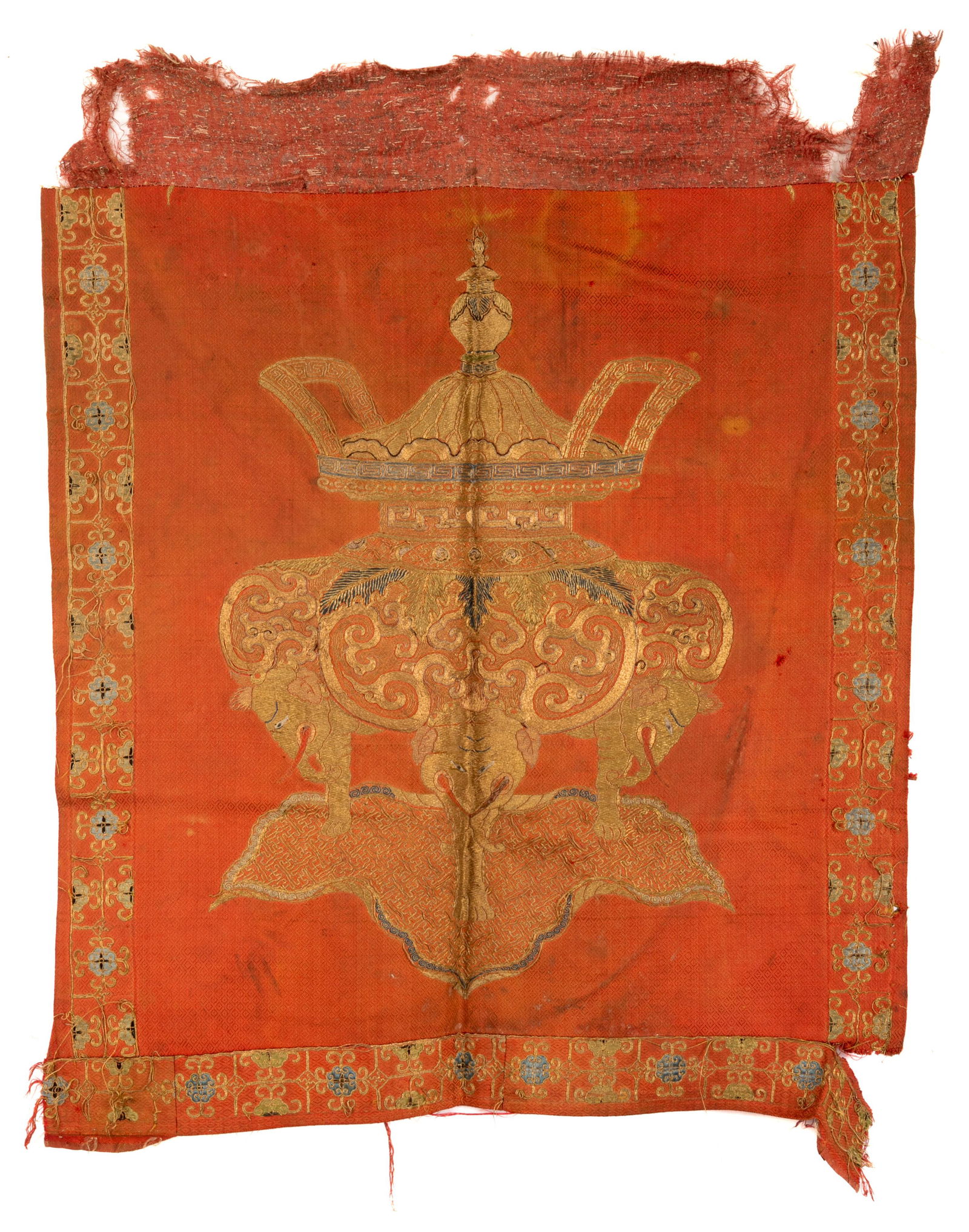CHINESE RED GROUND EMBROIDERY PANEL OF A CENSER (1 of 3)