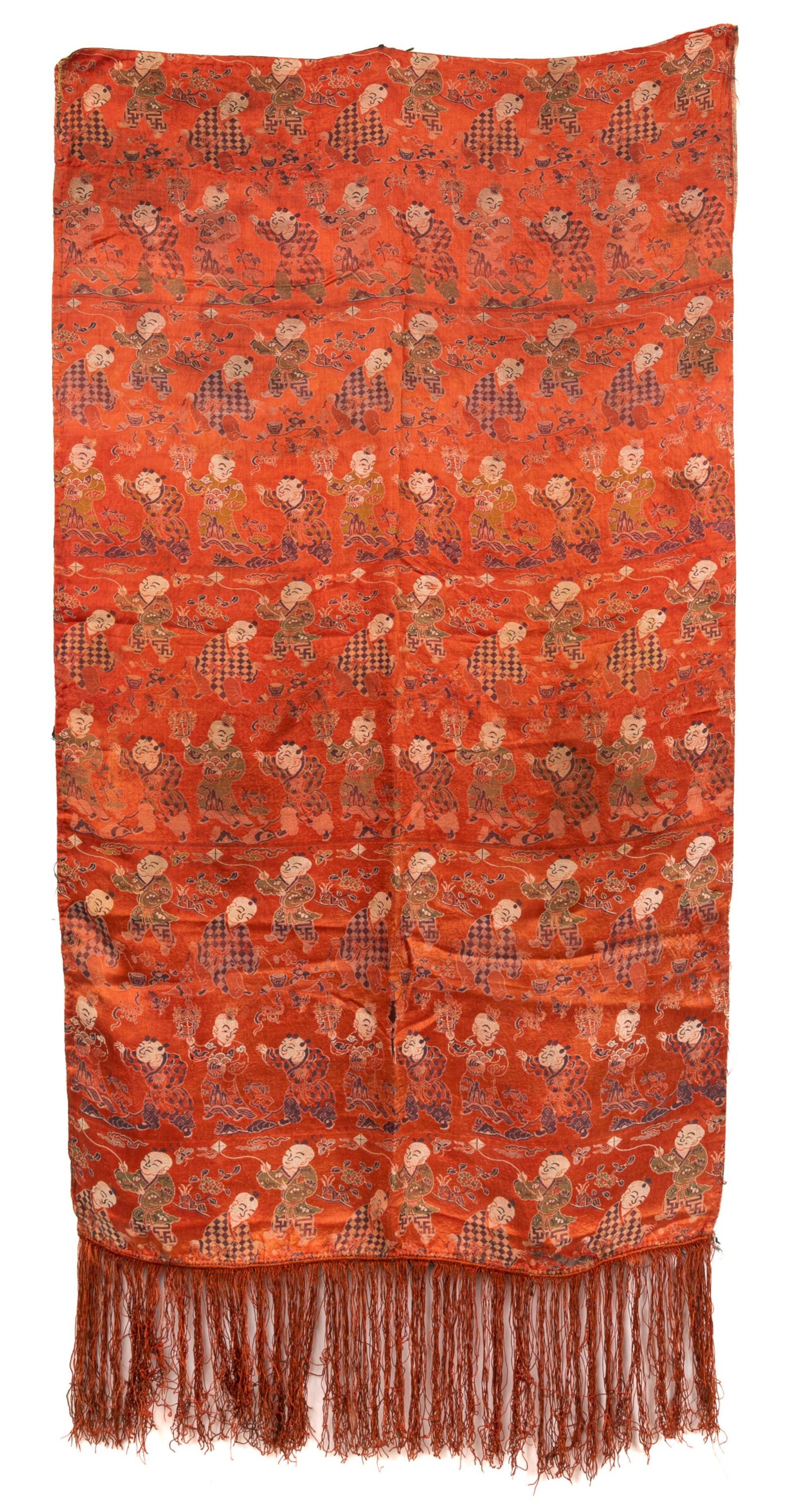 A TIBETAN RED GROUND CHILDREN EMBROIDERY PANEL (1 of 4)