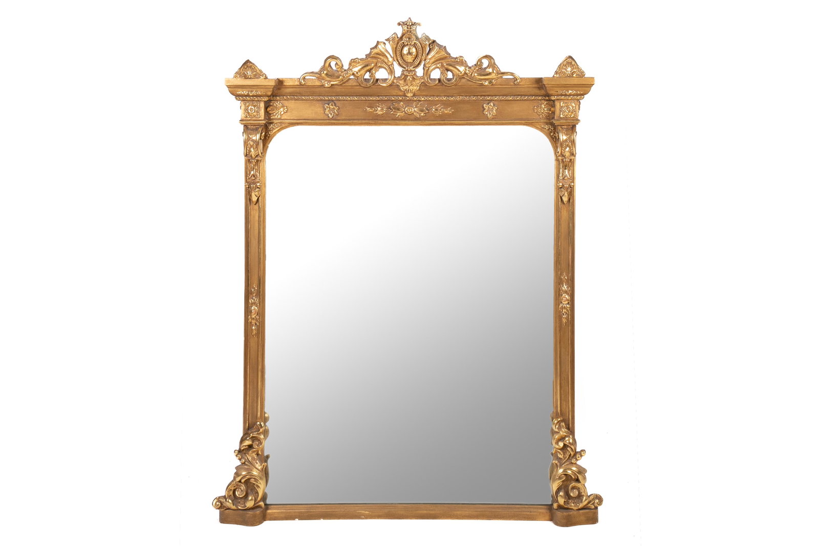 FRENCH CARVED GILTWOOD OVER MANTLE MIRROR: In a Neoclassical style with applied scrolling acanthus leaf and florette details. H. 65" W. 53"