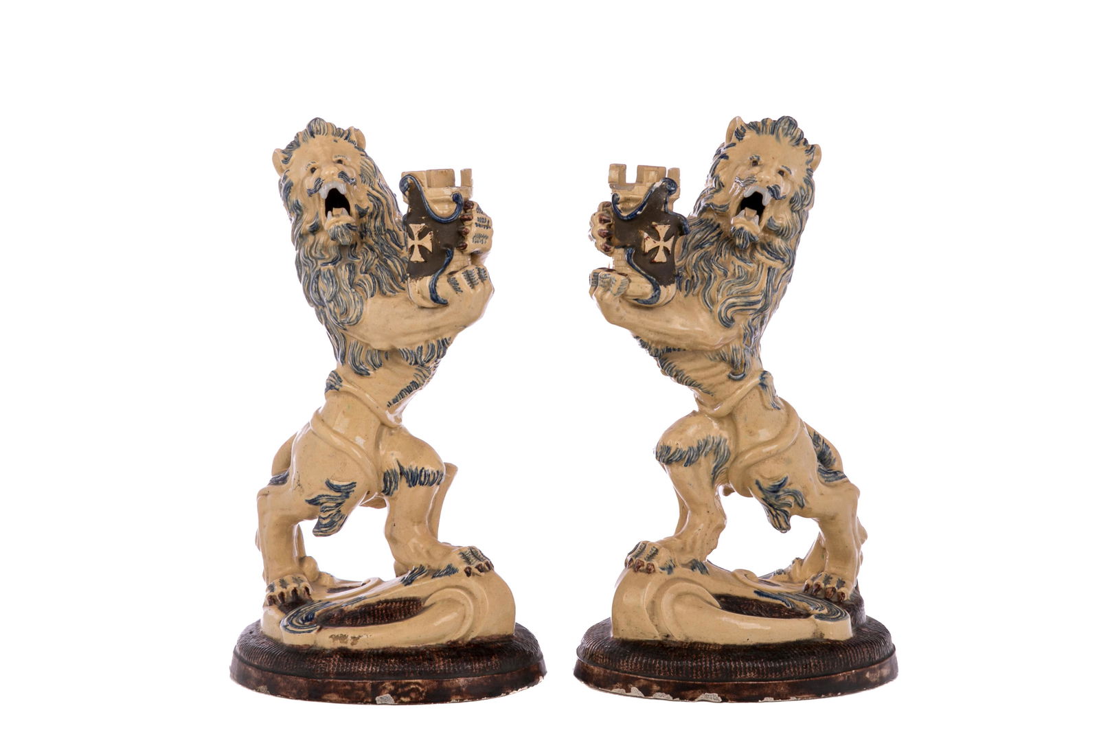 PAIR OF 19th C POTTERY LION RAMPANT FIGURES (1 of 6)