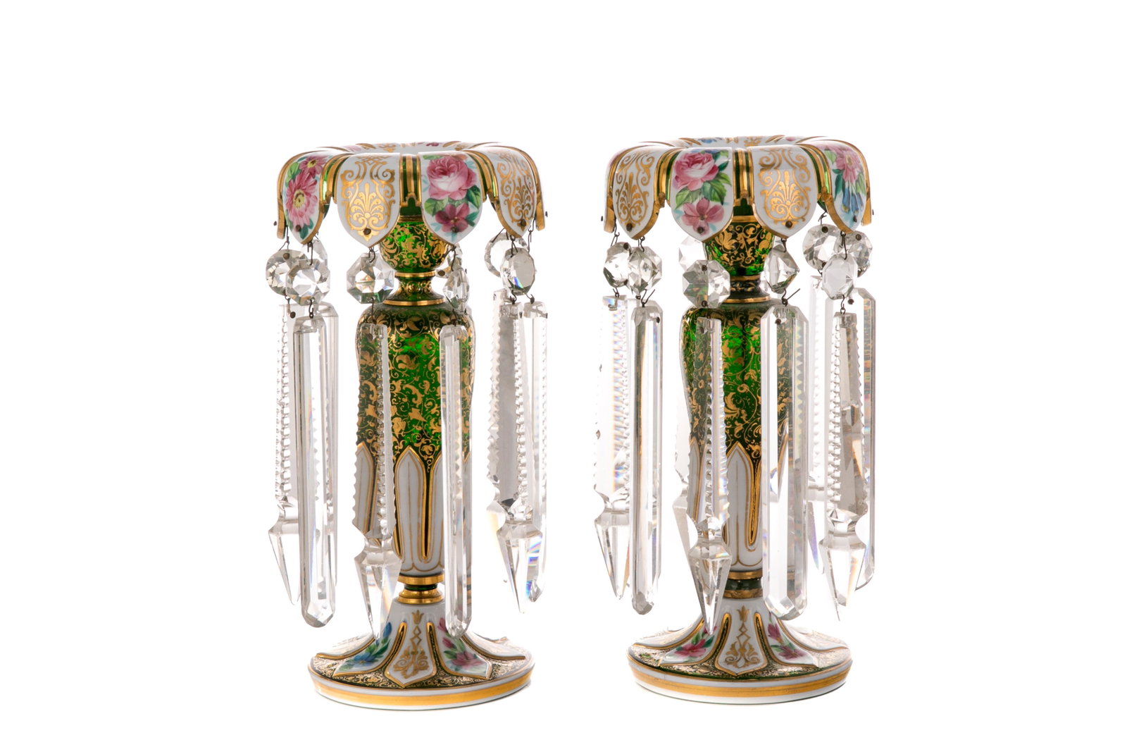 PAIR OF BOHEMIAN GREEN GLASS & ENAMEL LUSTRES: A pair of Bohemian glass lusters in green, white, and pink, decorated with enameled roses and gilded scrollwork. H. 27cm (10 1/2in).