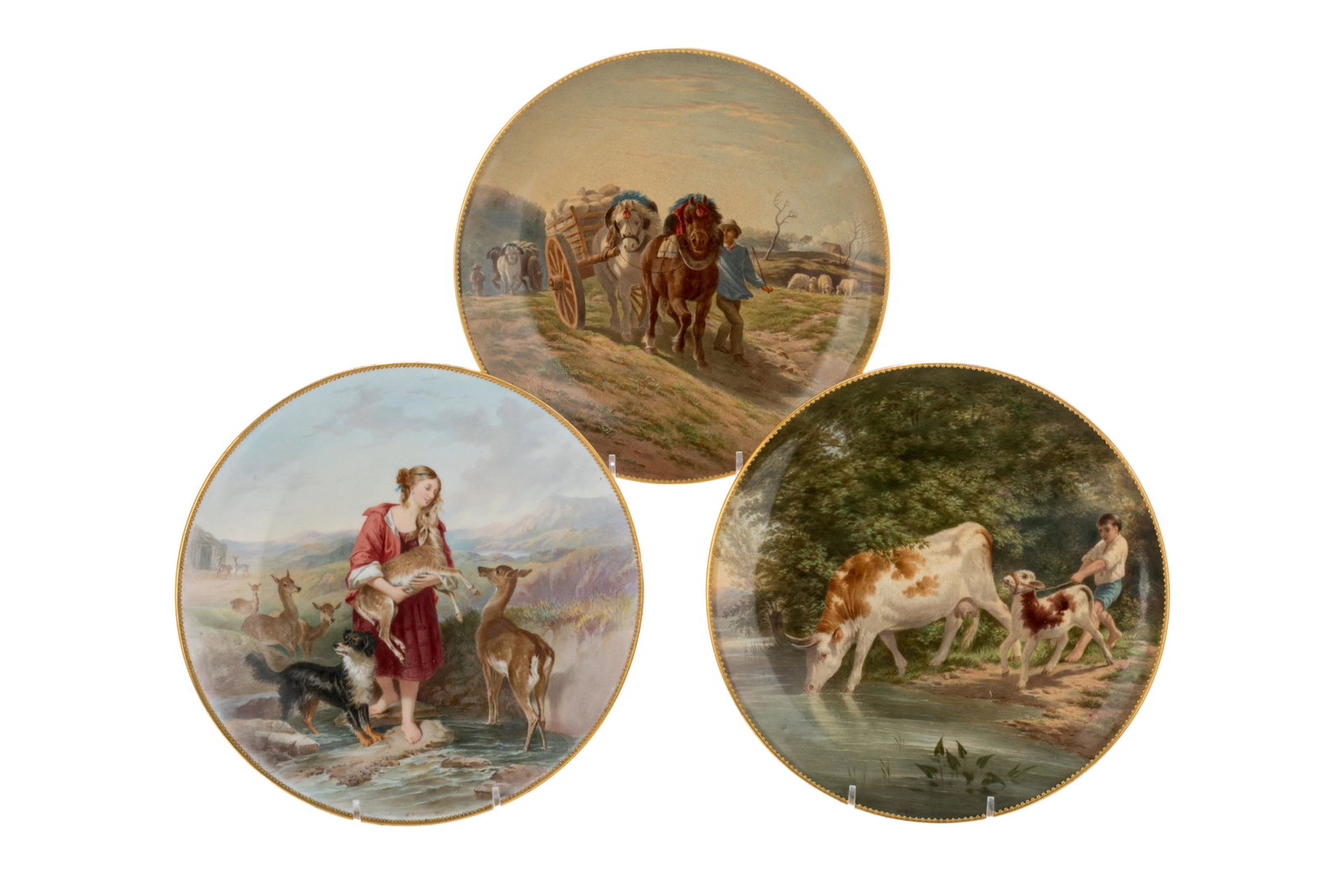 THREE STAFFORDSHIRE HAND PQAINTED PLATES: Handpainted with scenes of pastoral landscapes, signed H. Mitchell 1876, Staffordshire, late 19th C. Dia. (8 3/4in)