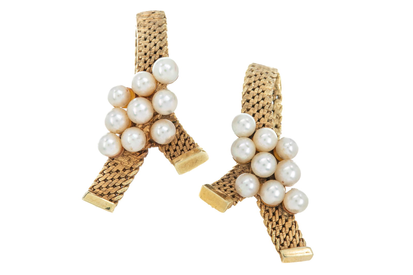 PAIR OF 14K GOLD AND CULTURED PEARL EARRINGS, 8.8g: A pair of vintage 14k yellow gold earrings, a textured bracelet design, each set with nine cultured pearls. Marked 14k, stud backings.L. 2.8cm