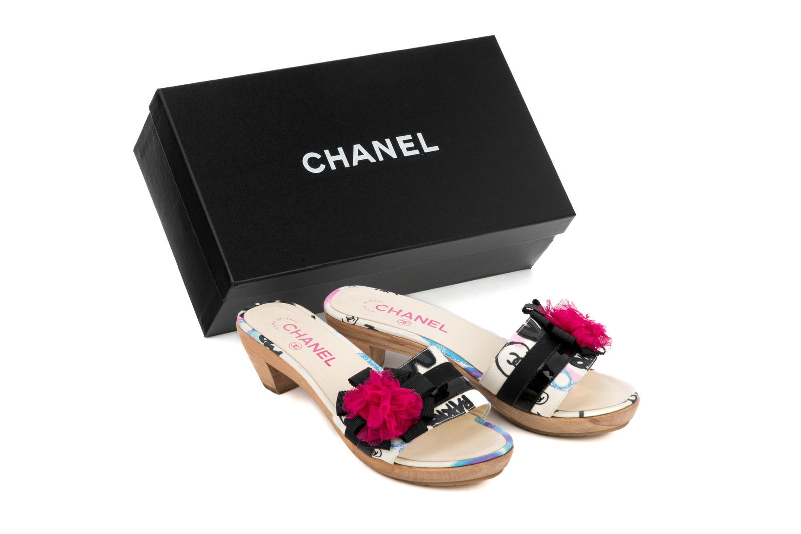CHANEL GRAFFITI SLIP ON SANDALS: With pink flower detail, Size 37
