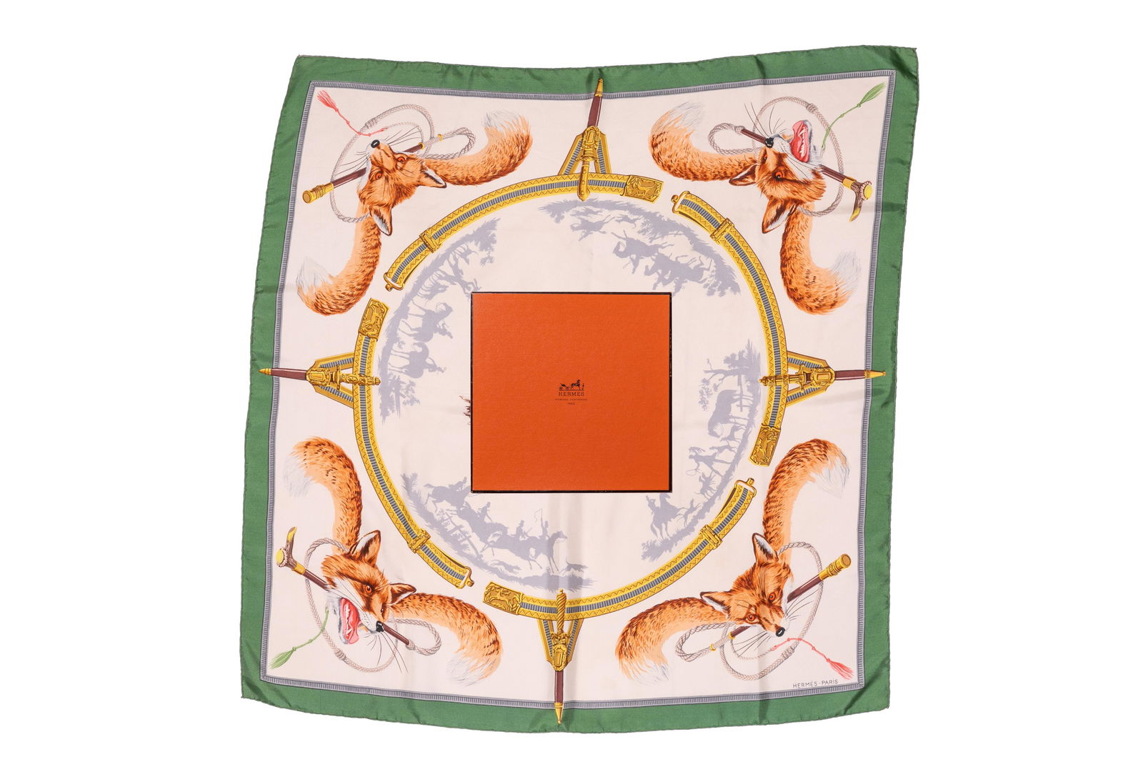 HERMES SQUARE SILK SCARF: 32 x 32in. With original box.