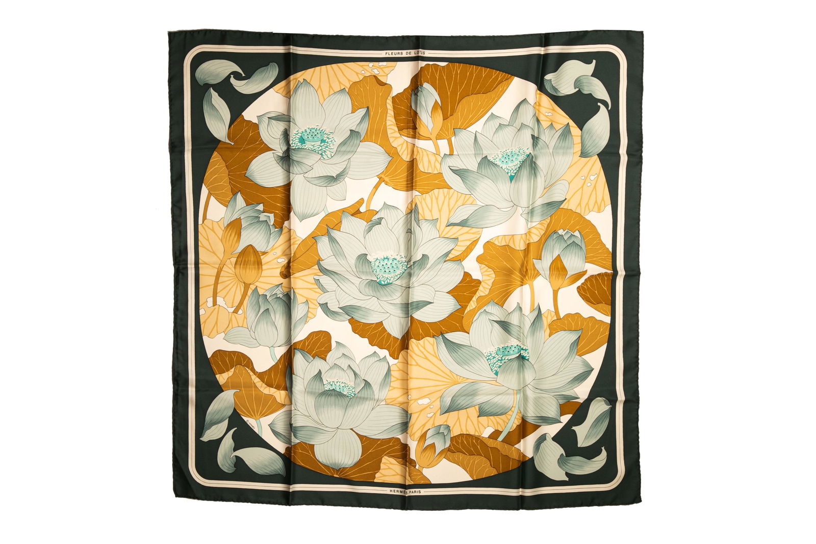 VINTAGE HERMES SQUARE SILK SCARF: Blue and multicolour in the "Fleurs de Lotus" pattern, designed by Christiane Vauzelles. L. 90 cm (35 1/2 in.) Condition report available upon request.