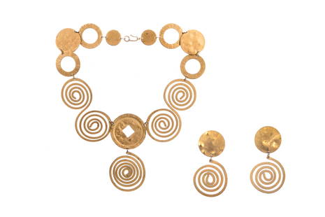 MARTHA STURDY NECKLACE AND PAIR OF EARRINGS: A brass, abstract swirl design statement necklace by Canadian designer Martha sturdy, together with a matching pair of clip on earrings, circa 1980's, with Martha Sturdy Vancouver mark to earrings. L.