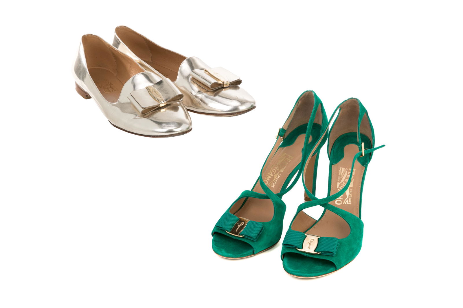 TWO PAIRS OF SALVATORE FERRAGAMO SHOES: Pair of suede emerald green open toed heels, 4 inches high with gold-coloured hardware and bow, size 9.5. Together with a pair of silver metallic loafers with bow applique, size 10.