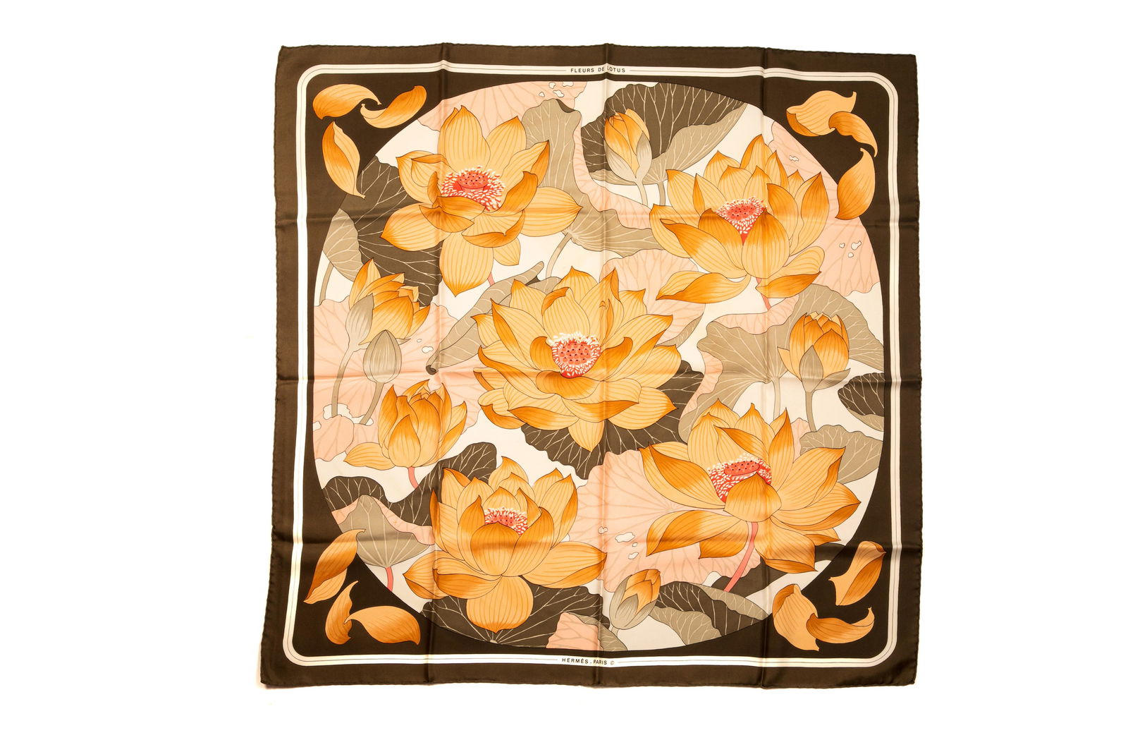 VINTAGE HERMES SQUARE SILK SCARF: Brown and multicolour in the "Fleurs de Lotus" pattern, designed by Christiane Vauzelles. L. 90 cm (35 1/2 in.) Condition report available upon request.