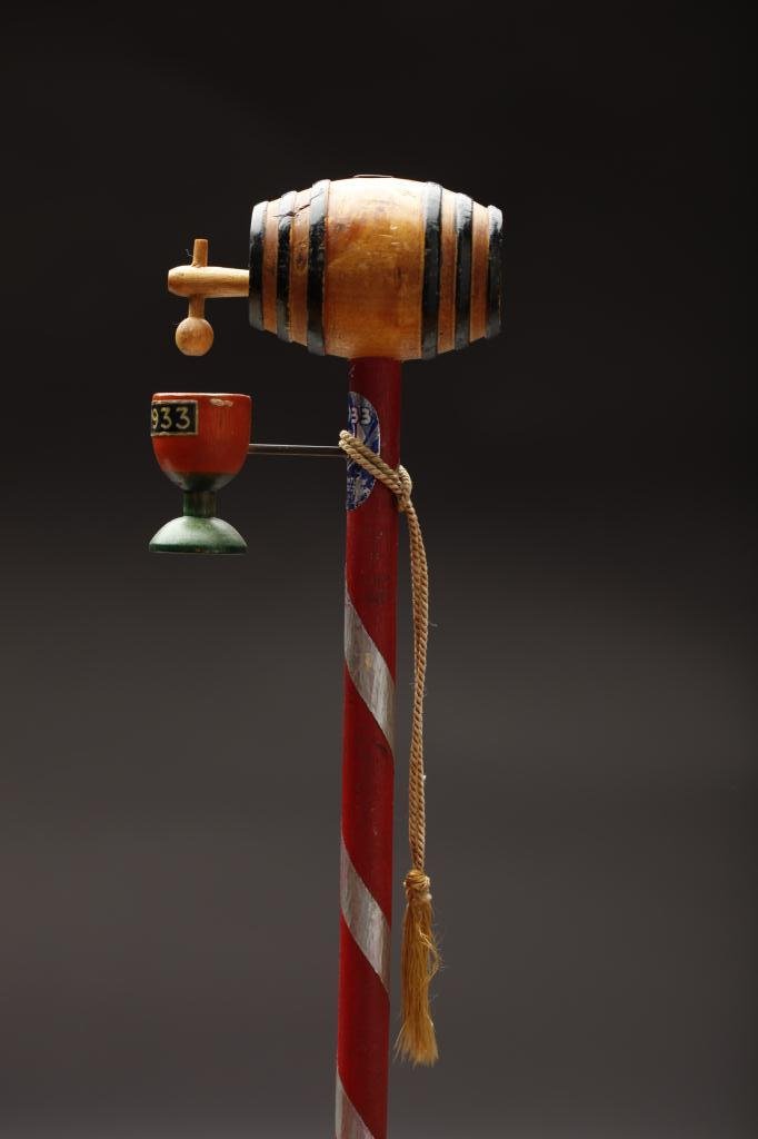 1933 WORLD'S FAIR SOUVENIR CANE: From the 1933 Chicago Century of Progress World's Fair in celebration of the repeal of Prohibition in the US. With a beer barrel as knob and flagon inserted on painted wood shaft, uncommonly w/ all or
