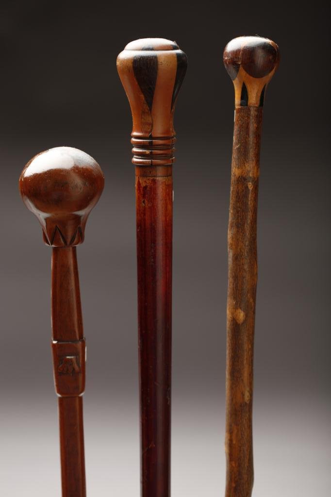 THREE FOLK ART CARVED WOOD & INLAY CANES: Two canes with mixed inlaid knobs, the third cane of a single piece of wood with the Masonic symbol around the collar. L. 87.6 cm. (34 1/2 in.) and shorter.