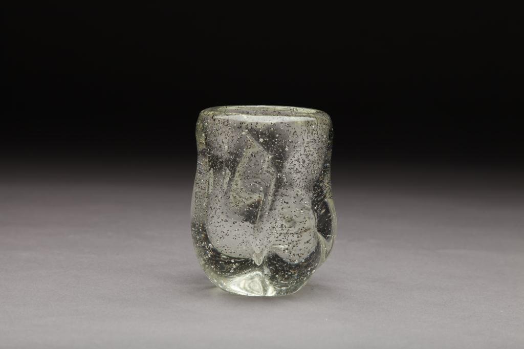 ANDRE THURET FRENCH ART GLASS VASE: Modelled clear glass vase with black inclusions, engraved signature to base (internal crack to rim). H 11.5 cm. (4 1/2 in.) Provenance: From the Estate of Mira Godard