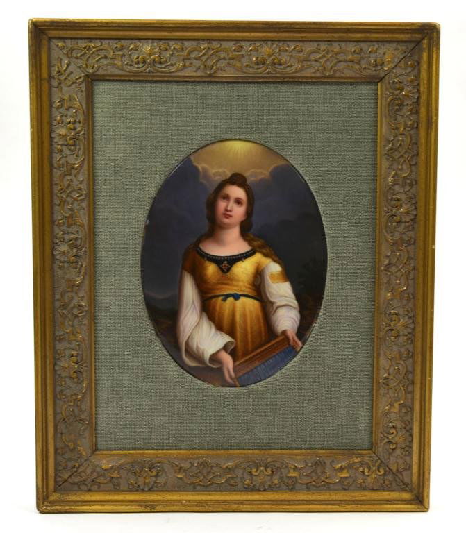 GERMAN HAND PAINTED PORCELAIN PLAQUE: Of an angel in yellow dress holding a book. Mounted in a frame, quality of painting is that of KPM. H 17 cm. (7 3/4 in.)