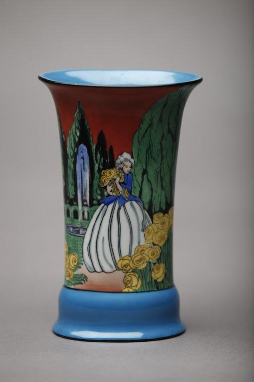 NORITAKE TURQUOISE GROUND VASE: Lady in garden motif with red sunset. Red M-in-Wreath, 27.3. H 16.5 cm. (6 1/2 in.)