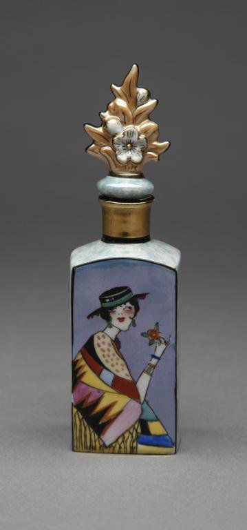 NORITAKE ART DECO SCENT BOTTLE: Green mottled ground with a Spanish lady and floral stopper. Red M-in-Wreath, 27.3. H 16.5 cm. (6 1/2 in.)