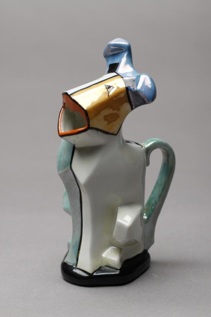 NORITAKE RHOMBIC FIGURAL CREAM JUG: Stylized dog with colour blocked lustre. Red Japan MIJ.1. H 16.5 cm. ( 6 1/2 in.)