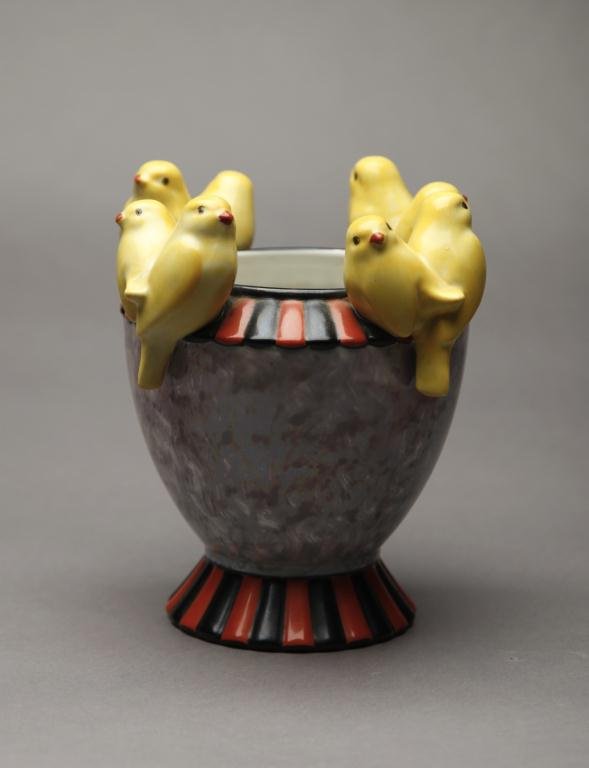 NORITAKE BIRD VASE: Mottled grey lustre body with ribbed red and black striped base and rim with four pairs of perched yellow finches. Green M-in-Wreath, H 18.5 cm. (7 1/4 in.)