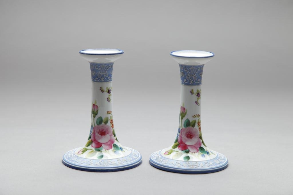 NIPPON WEDGWOOD-STYLE CANDLESTICKS: Stems with hand painted roses and blue borders with white jasper. Green M-in-Wreath, H 15.2 cm. (6 in.)