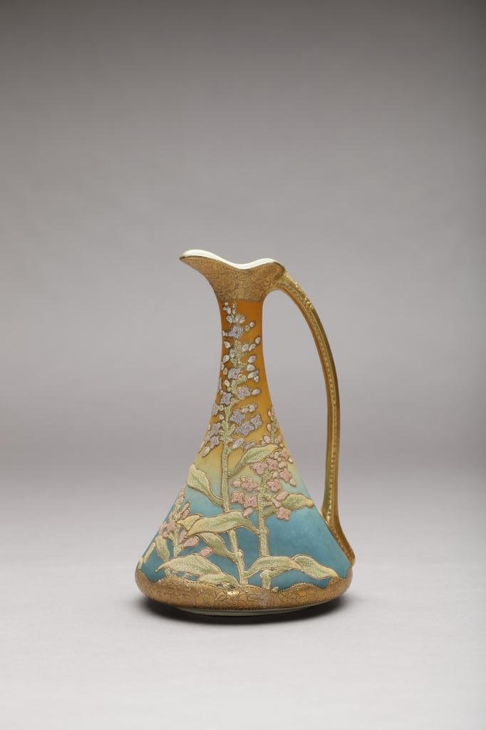 A FINE NIPPON CORALENE DECORATED EWER: Beaded glass pink and purple flowers on a shaded yellow to blue satin ground. Patent mark, H 24.1 cm. (9 1/2 in.)