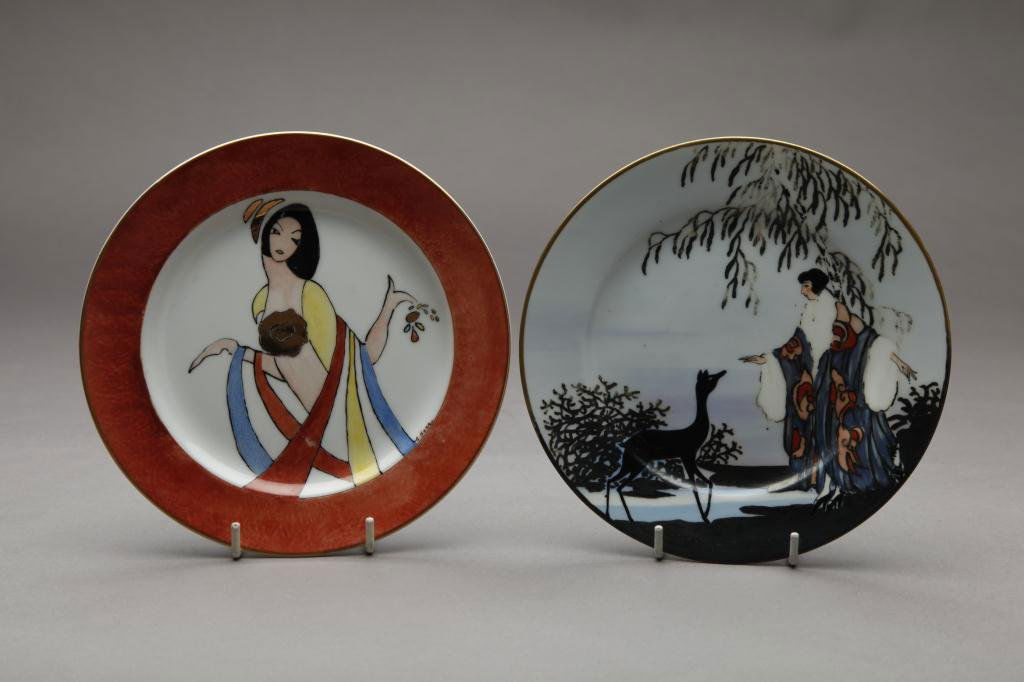 TWO NORITAKE ART DECO FIGURAL PLATES: The first with a flapper feeding a deer, the second with a nude lady in striped scarf, signed Barr. Green M-In-Wreath & English Spoke, Dia 19.5 cm. (7 5/8 in.) Minor wear to painting of tree