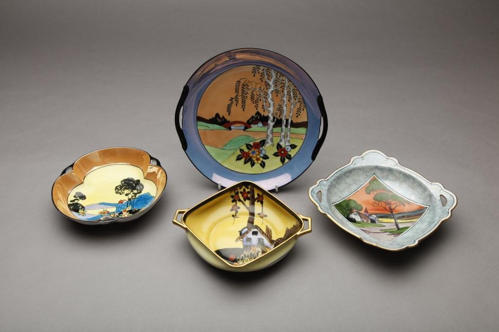 FIVE ART DECO NORITAKE DISHES: All with hand painted house motifs. Red & Green M-in-Wreath, Dia of tray 25 cm. (9 7/8 in.)