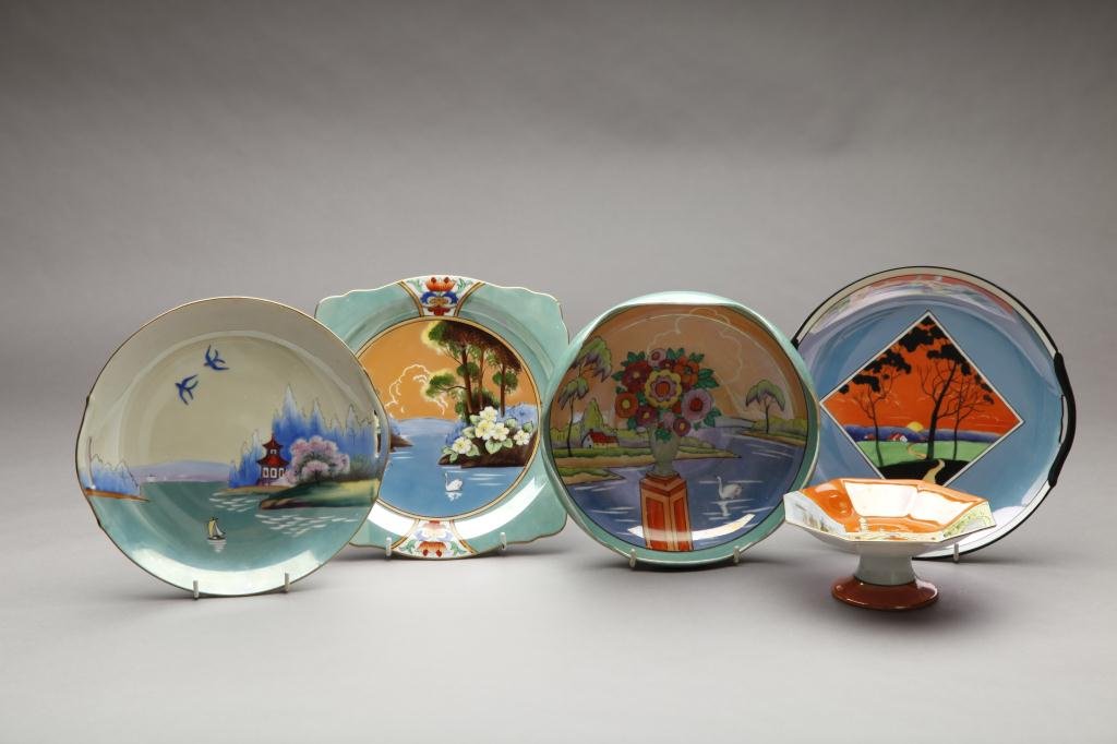 FOUR NORITAKE ART DECO DISHES: Each in a lustre landscape motif. Red Blossom & M-in-Wreath, W of tray 26 cm. (10 in.)