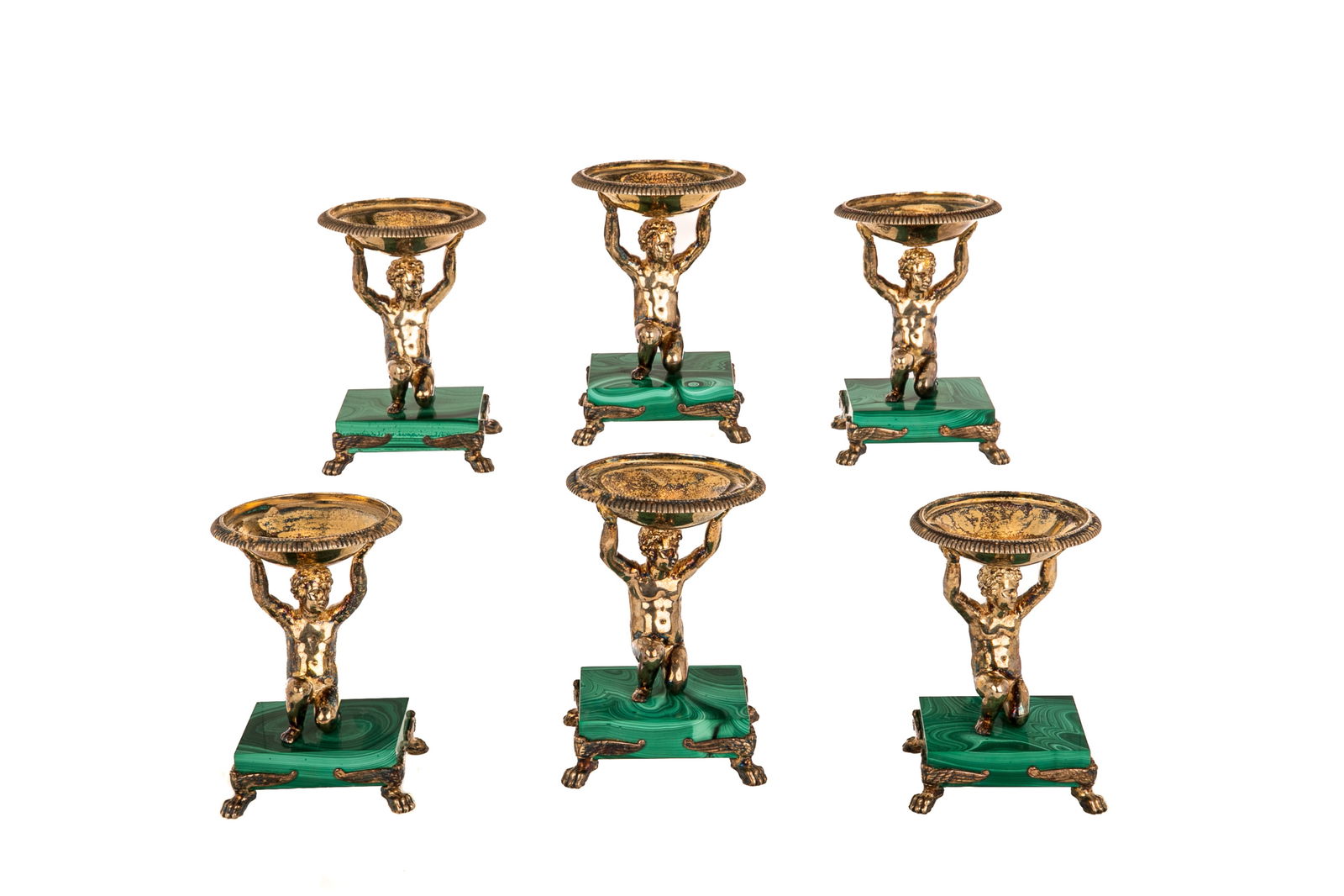 SIX ANTIQUE FRENCH GILT SILVER AND MALACHITE SALTS (1 of 5)