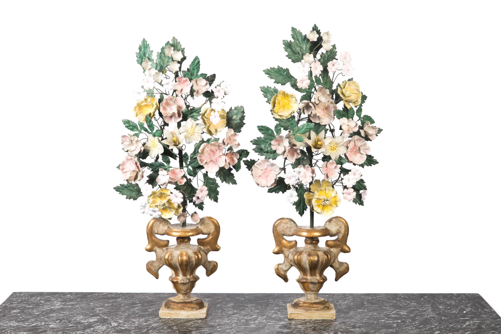 A PAIR OF ITALIAN URNS WITH METAL FOLIAGE (1 of 1)