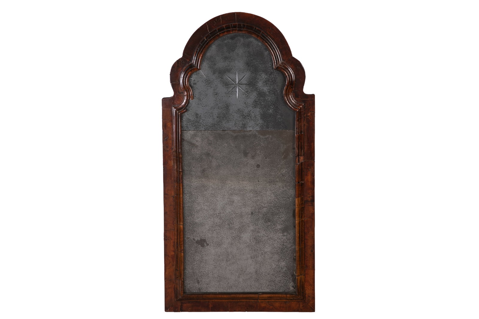EARLY 18th C ENGLISH BURLED WALNUT FRAMED MIRROR (1 of 2)