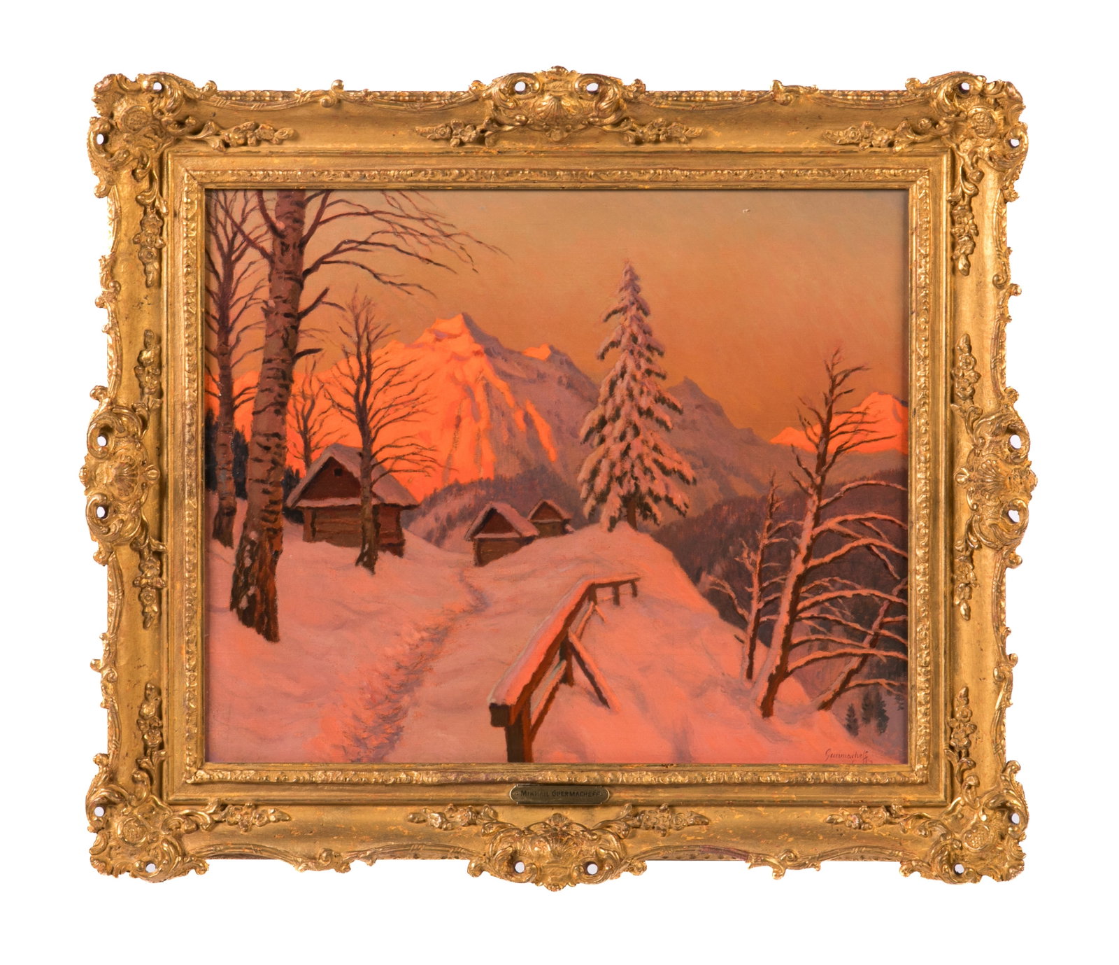 MIKHAIL GERMASHEV (Russian, 1867-1930): Pink Snow Oil on canvas Signed bottom right H. 14 1/4" W. 17 3/4" Provenance: Frederick W. Thom Limited, Fine Paintings (Toronto); from the collection of thelate Jack Pemberton, chairman of the Federa