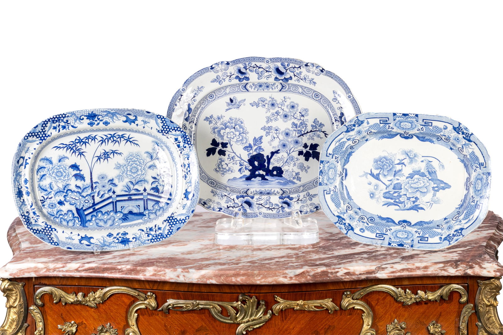 THREE BLUE & WHITE IRONSTONE PLATTERS (1 of 4)