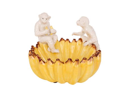 ITALIAN CHELSEA HOUSE POTTERY BANANA BOWL: Of two white pottery monkeys climbing into/on a bowl made of bananas. Signed to underside Chelsea House, Port Royale, Italy C.302 Dia. 42 cm (16 1/2 in.)