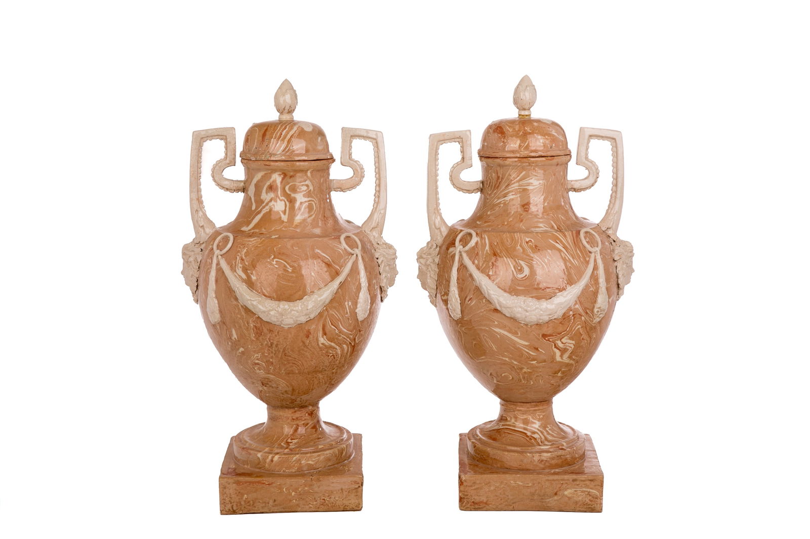 PAIR OF ITALIAN MARBLED POTTERY COVERED URNS (1 of 7)