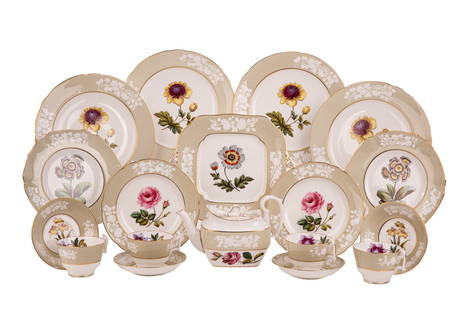 41 PCS SPODE ENGLISH PORCELAIN BOTANICAL SERVICE: English Spode porcelain tea service in Lady Blessington Stone pattern. Each piece with hand painted botanical, with stone coloured border, applied white floral decoration, and gildedaccents. The under