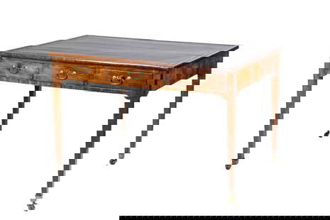 GEORGE III MAHOGANY TOOLED LEATHER PARTNERS DESK: Straight single lines with three drawers and brass pulls, raised on antique casters, tooled leather top, English 18th C. H. 31" W. 48" D.35"