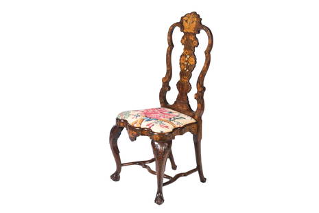 18th C DUTCH MIXED INLAY MARQUETRY CHAIR: Beautiful floral inlay around the carved back, shell capped legs with ball and claw feet, Dutch, circa 1790. H. 44" W. 21" D. 21"