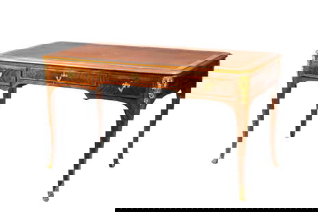 SIGNED FRENCH KINGWOOD & BRONZE MOUNTED DESK: By Maison Gouffe, Paris. Traditional French desk with three drawers, ormolu bronze mounts on the escutcheons, corners and capped feet, leather top, French, Early 20th C. H 29 1/4", W 54 1/4", D 27 1/2
