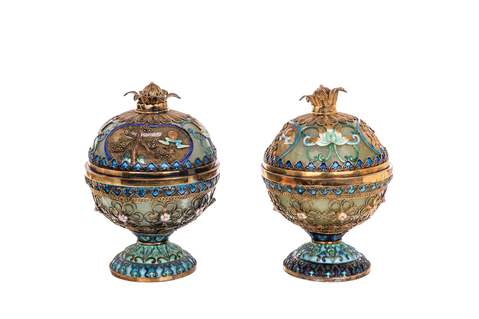 TWO CHINESE GILT SILVER & NEPHRITE CENSERS (1 of 6)