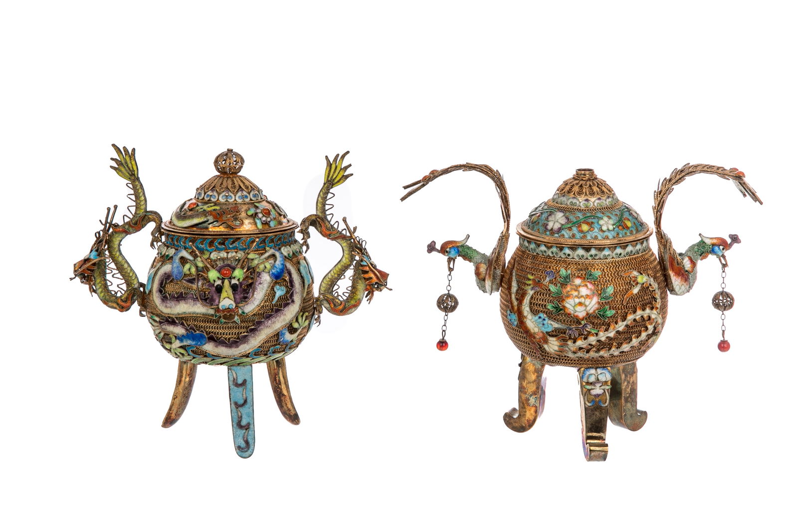 TWO CHINESE SILVER GILT & ENAMEL DRAGON CENSERS (1 of 5)