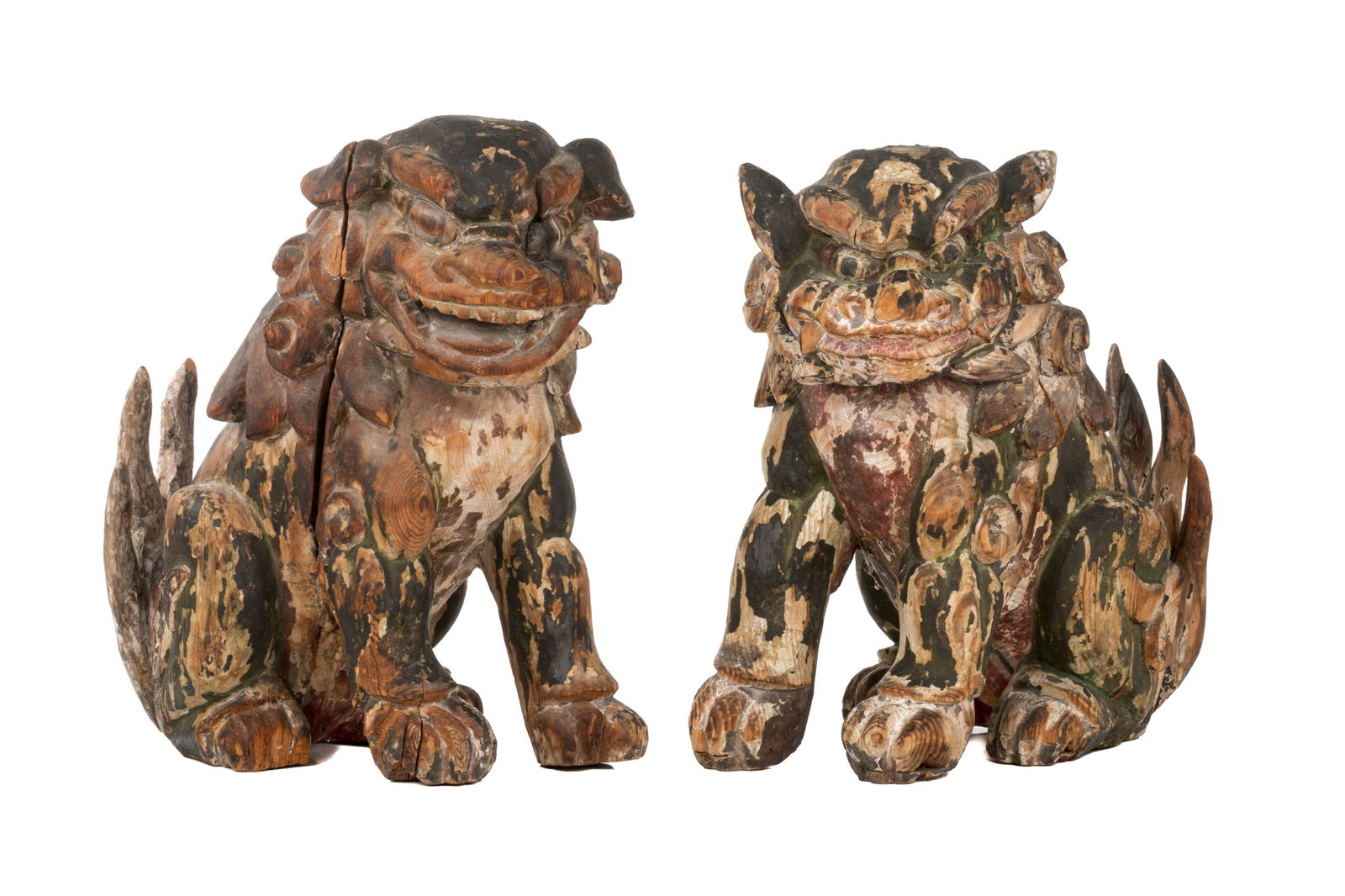 PAIR OF CHINESE PAINTED AND WOOD CARVED FOO LIONS (1 of 1)