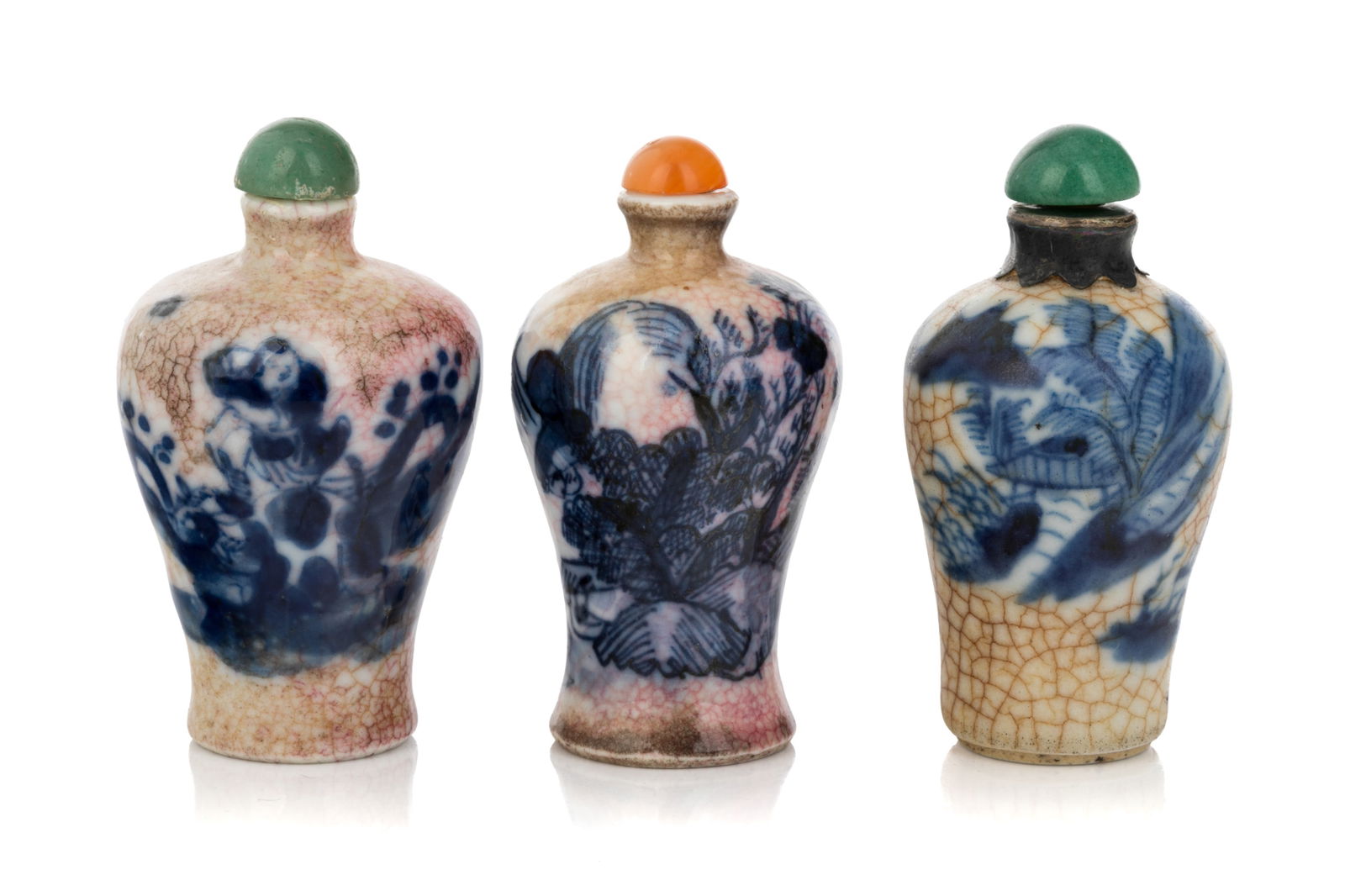 THREE GE BLUE & WHITE PORCELAIN SNUFF BOTTLES (1 of 4)