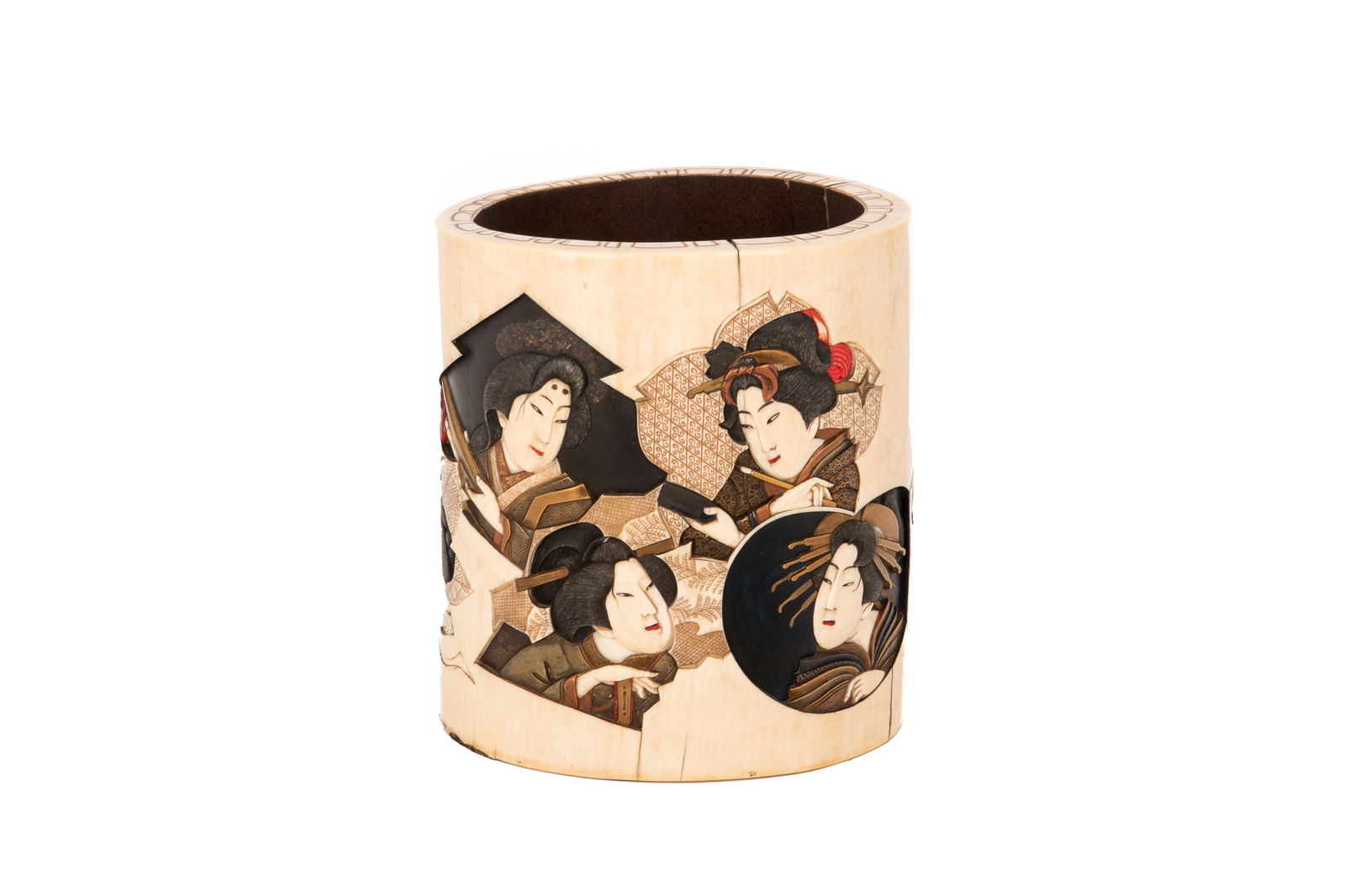 JAPANESE CARVED & SHIBIYAMA BRUSH POT (1 of 7)