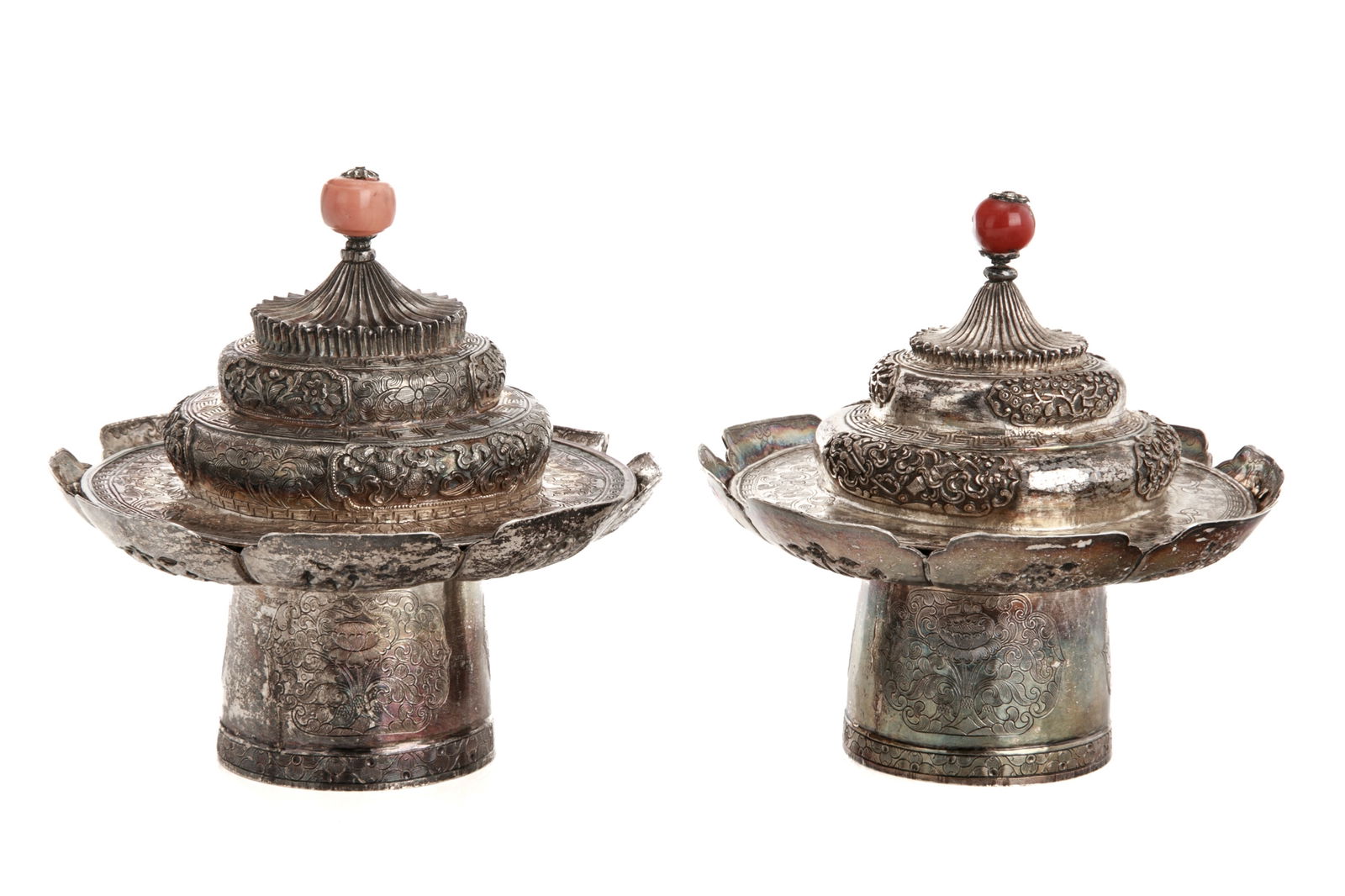 TWO TIBETAN SILVER TEACUP HOLDERS W/ CORAL FINIAL (1 of 6)